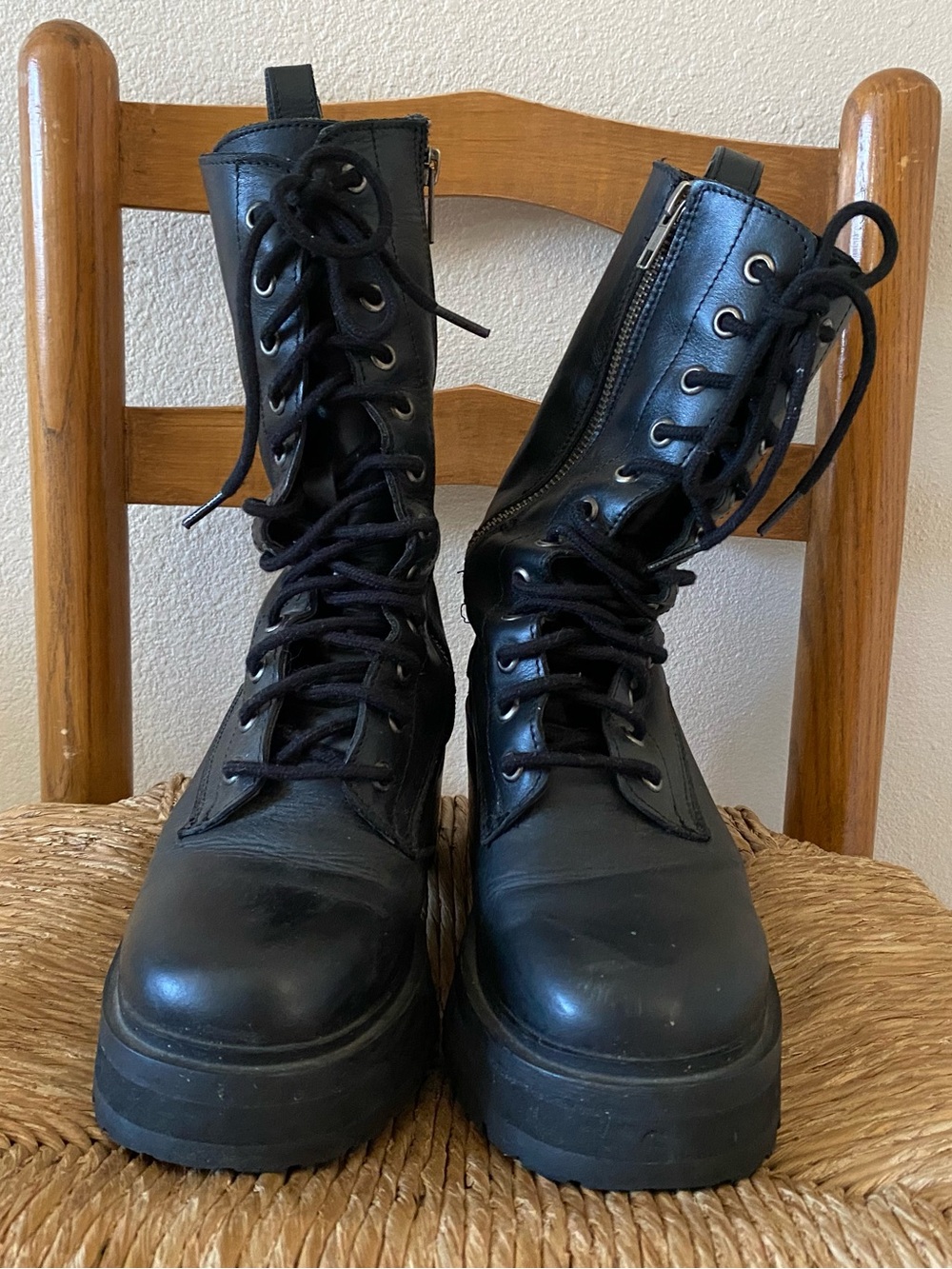 Steve Madden Jupiter Lace Up Platform Combat Boots Black Leather Chunky - Picture 4 of 10